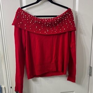 Charter Club 100% Cashmere Red Off-Shoulder Sweater XL with Pearl Accents NWOT